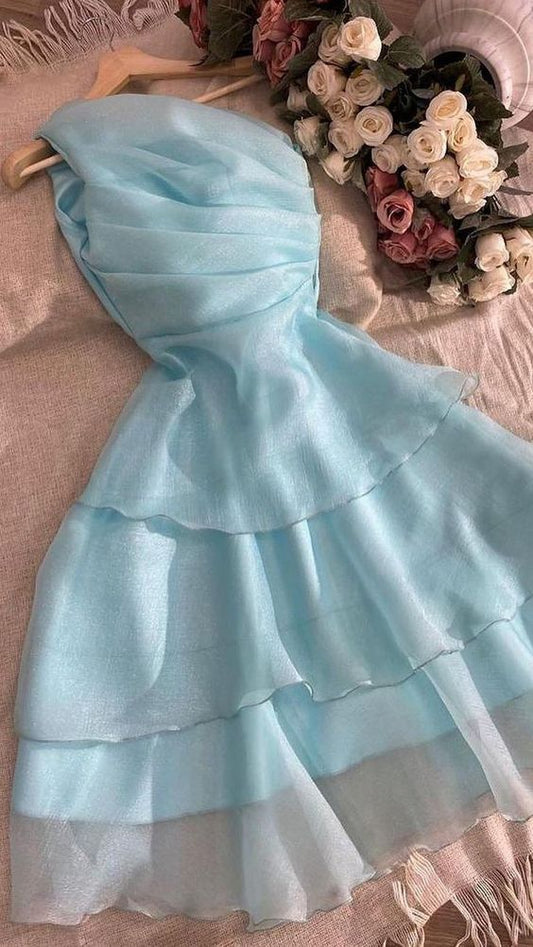 Simple A line One Shoulder Blue Short Ruffles Homecoming Dresses C1745