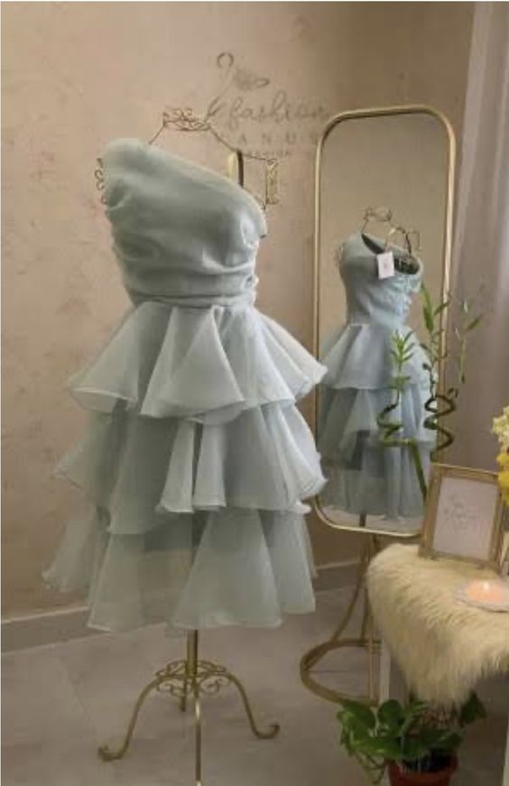 Simple A line One Shoulder Gray Short Ruffles Homecoming Dresses C1746