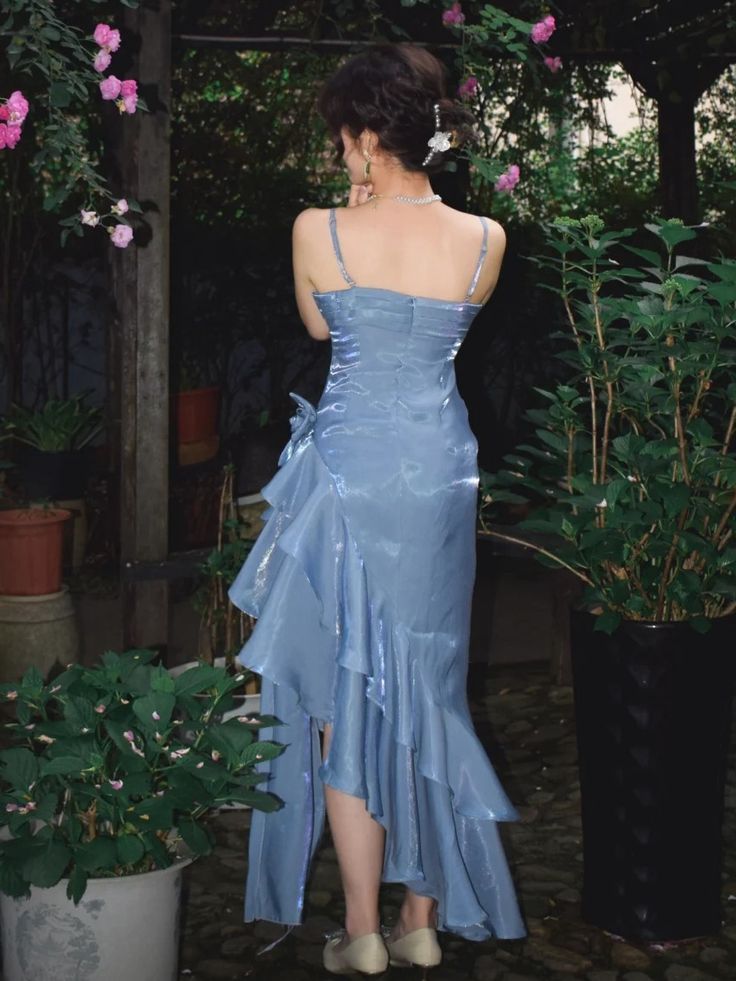 Elegant Sheath Spaghetti Straps Sky Blue Vintage Floral Dress Asymmetrical Hem Prom Dresses C1760