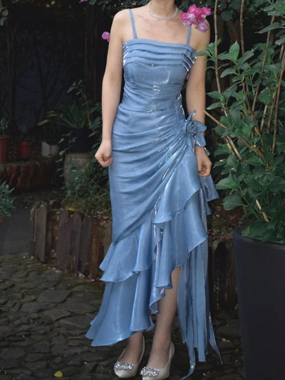 Elegant Sheath Spaghetti Straps Sky Blue Vintage Floral Dress Asymmetrical Hem Prom Dresses C1760