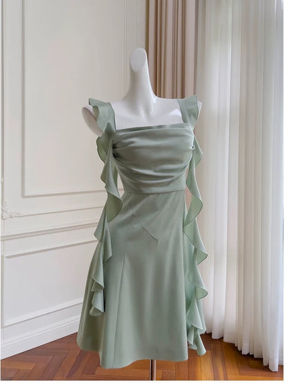 Cute A line Spaghetti Straps Sage Green Short Homecoming Dresses Party Cocktail Dress With Ruffles C1826