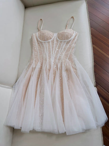 Cute A line Spaghetti Straps Champagne Short Sequin Homecoming Dresses Cocktail Dress C1839