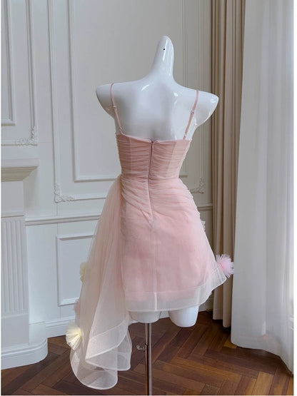 Cute Sheath Spaghetti Straps Pink Short Tulle Homecoming Dresses Cocktail Dress C1840