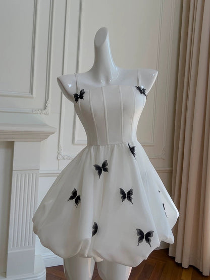 Cute A line Spaghetti Straps White Short Homecoming Dress Birthday Dresses With Butterfly C1866