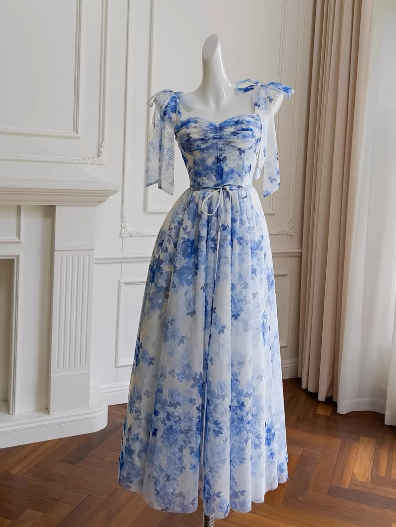 Sexy A line Spaghetti Straps Sleeveless Floral Blue Chiffon Prom Dresses C1876