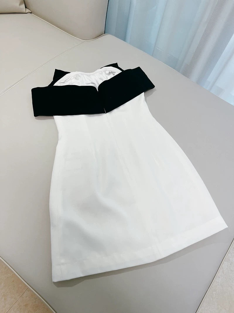 Cute Sheath Off The Shoulder Black Bowknot White Short Homecoming Dress Birthday Dresses C1880