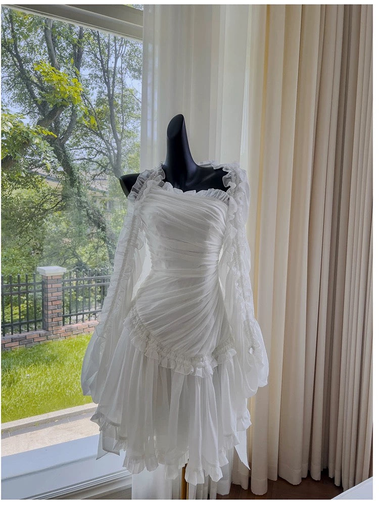 Fairytale A line Strapless White Chiffon Ruffles Homecoming Dress Birthday Dresses C1885