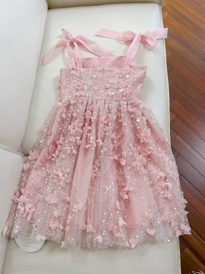 Fairytale A line Spagetti Straps Pink Short Lace Flowers Homecoming Dress Birthday Dresses C1889