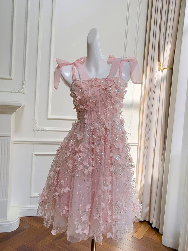 Fairytale A line Spagetti Straps Pink Short Lace Flowers Homecoming Dress Birthday Dresses C1889