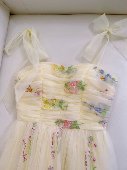 Simple A line Spaghetti Straps Floral Tulle Yellow Homecoming Dress Birthday Dresses C1891