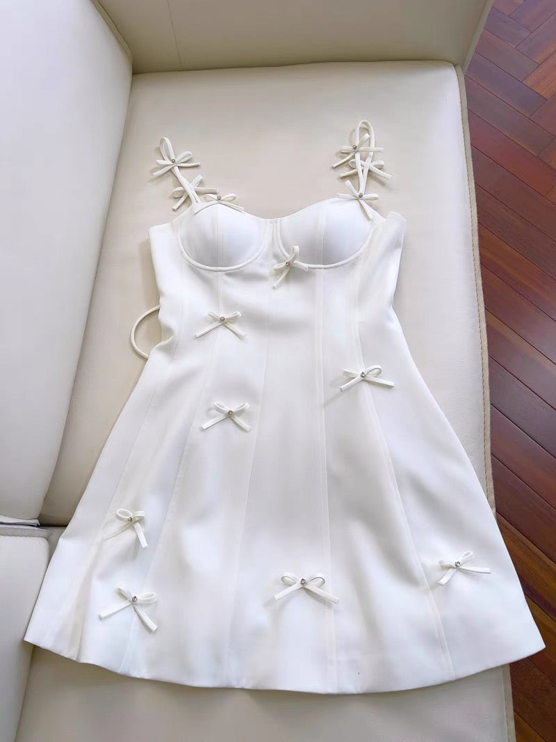 Cute A line Spaghetti Straps White Short Homecoming Dress Birthday Dresses With Bow C1892