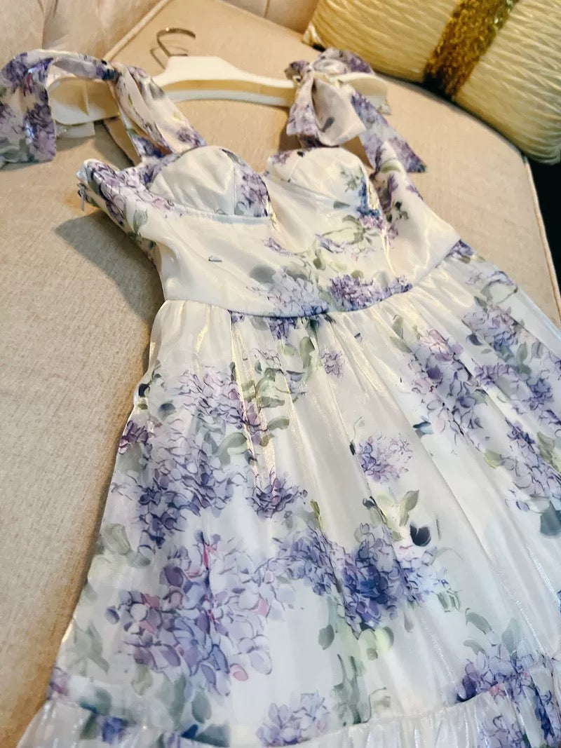 Sexy A Line Straps Sleeveless Floral Lilac Long Prom Dresses C1894