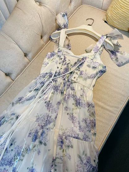 Sexy A Line Straps Sleeveless Floral Lilac Long Prom Dresses C1894