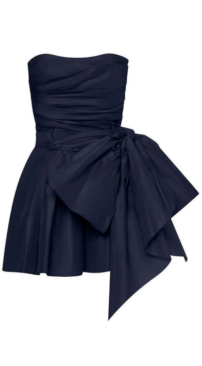 Cute Sheath Strapless Navy Blue Short Satin Homecoming Dresses Cocktail Dress With Bowknot C1927