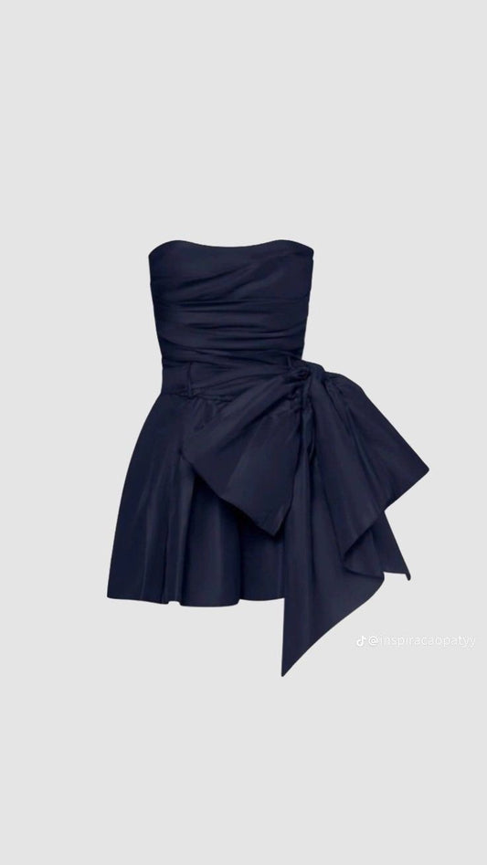 Cute Sheath Strapless Navy Blue Short Satin Homecoming Dresses Cocktail Dress With Bowknot C1927