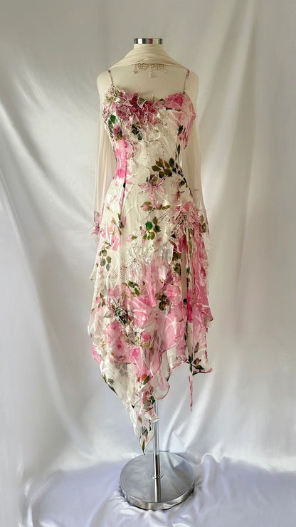 Chic A line Spaghetti Straps Floral Pink Short Homecoming Dresses Cocktail Dress With Ribbon C1938