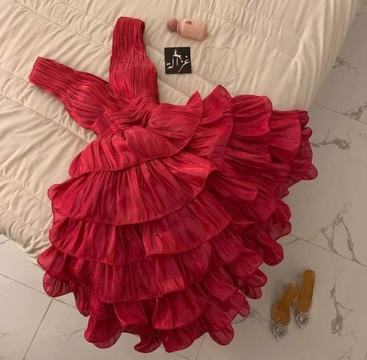 Vintage Ball Gown V Neckline Red Homecoming Dress Ruffles Layers Birthday Outfits C2005