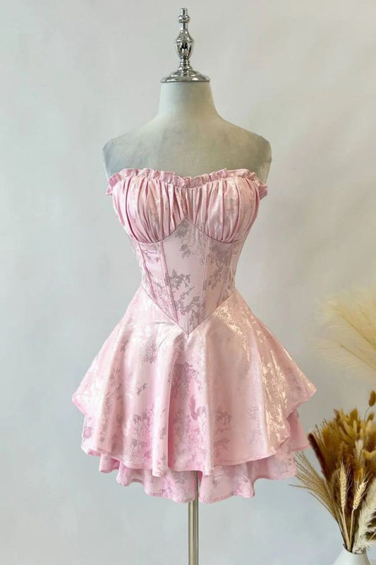 Vintage A line Strapless Pink Lace Homecoming Dress Short Birthday Outfits C2007