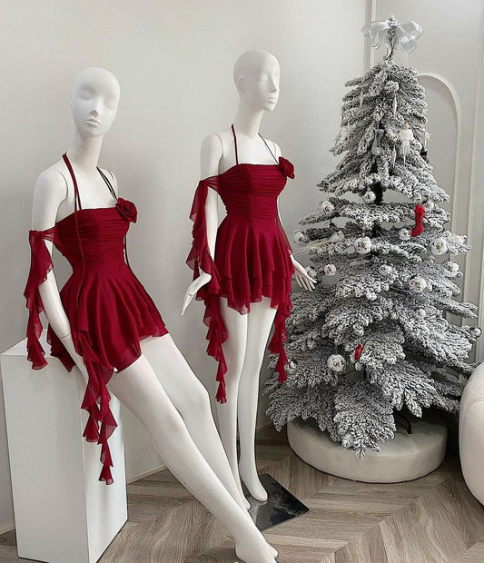 Cute Sheath Halter Burgundy Ruffles Homecoming Dress Short Birthday Outfits C2018