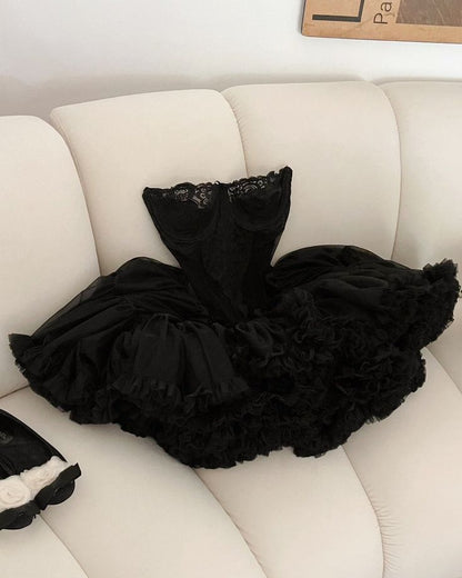 Cute Ball Gown Strapless Black Ruffles Lace Homecoming Dress Short Birthday Outfits C2020