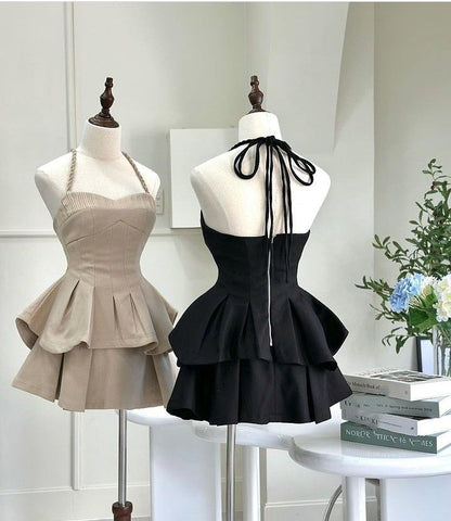 Cute A line Halter Black Ruffles Short Homecoming Dresses C2030