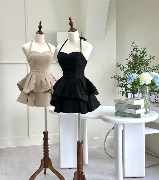 Cute A line Halter Black Ruffles Short Homecoming Dresses C2030