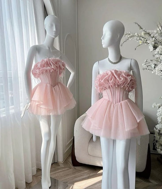 Sexy A line Strapless Ruffles Pink Homecoming Dress Short Birthday Outfits C2033