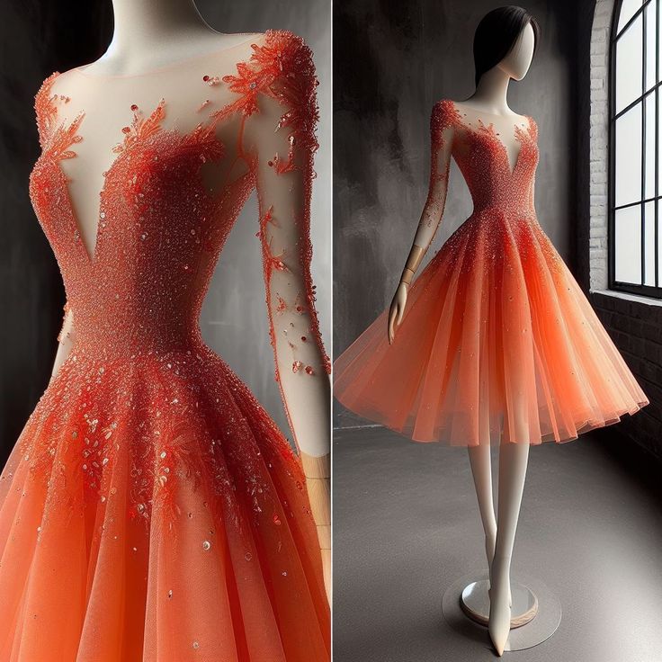 Stunning Ball Gown Scoop Beads Long Sleeves Orange Homecoming Dress Short Birthday Outfits C2040