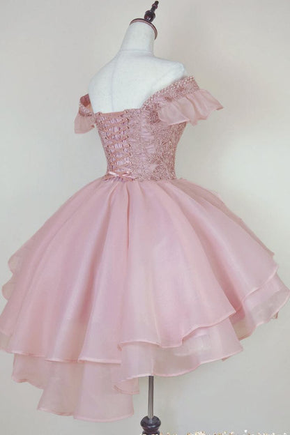 Cute Ball Gown Off The Shoulder Lace Pink Homecoming Dress Short Birthday Outfit C2044