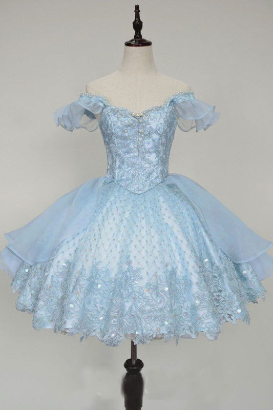 Cute Ball Gown Off The Shoulder Lace Light Sky Blue Homecoming Dress Short Birthday Outfit C2045