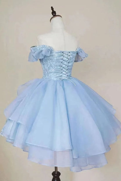 Cute Ball Gown Off The Shoulder Lace Light Sky Blue Homecoming Dress Short Birthday Outfit C2045