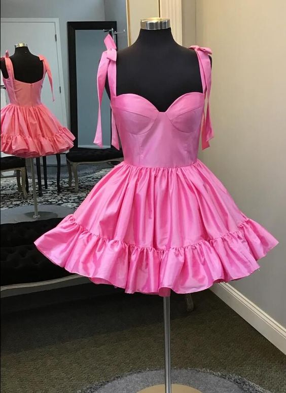 Sexy A Line Straps Pink Short Satin Homecoming Dresses 21st Birthday Outfit C2105