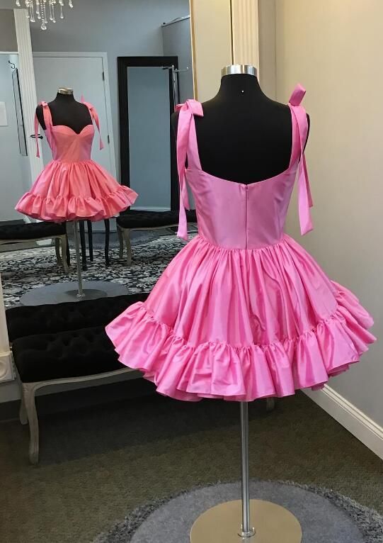 Sexy A Line Straps Pink Short Satin Homecoming Dresses 21st Birthday Outfit C2105