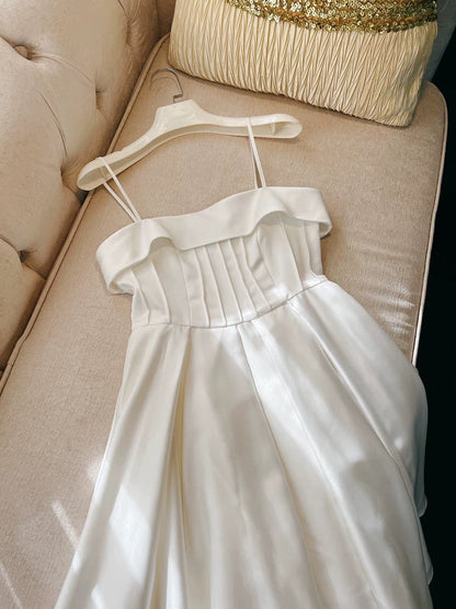 Modest A Line Spaghetti Straps White Short Satin Homecoming Dresses Party Dress C2197