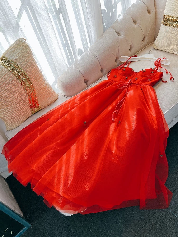 Modest A Line Spaghetti Straps Tulle Red Homecoming Dresses Birthday Outfits C2203