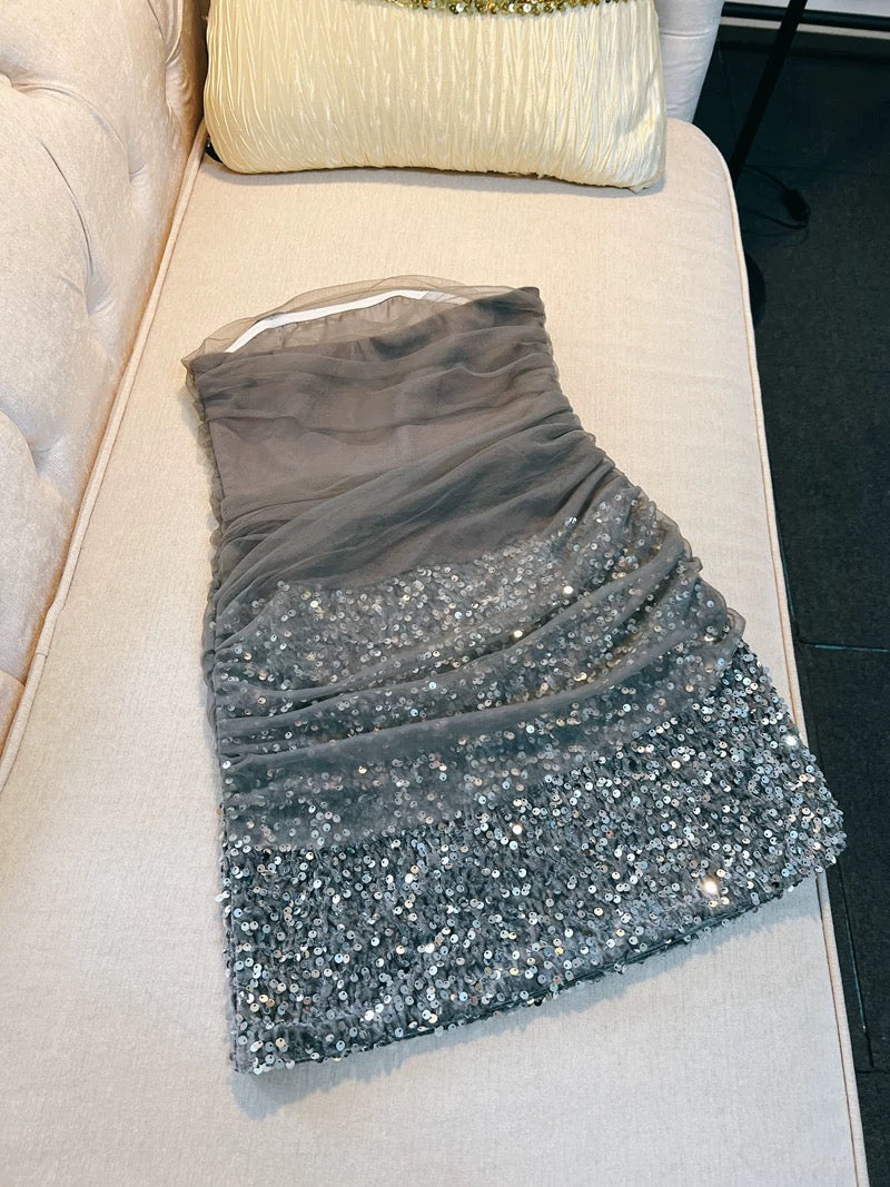 Modest Sheath Strapless Gray Sequin Short Homecoming Dresses Birthday Outfits C2215