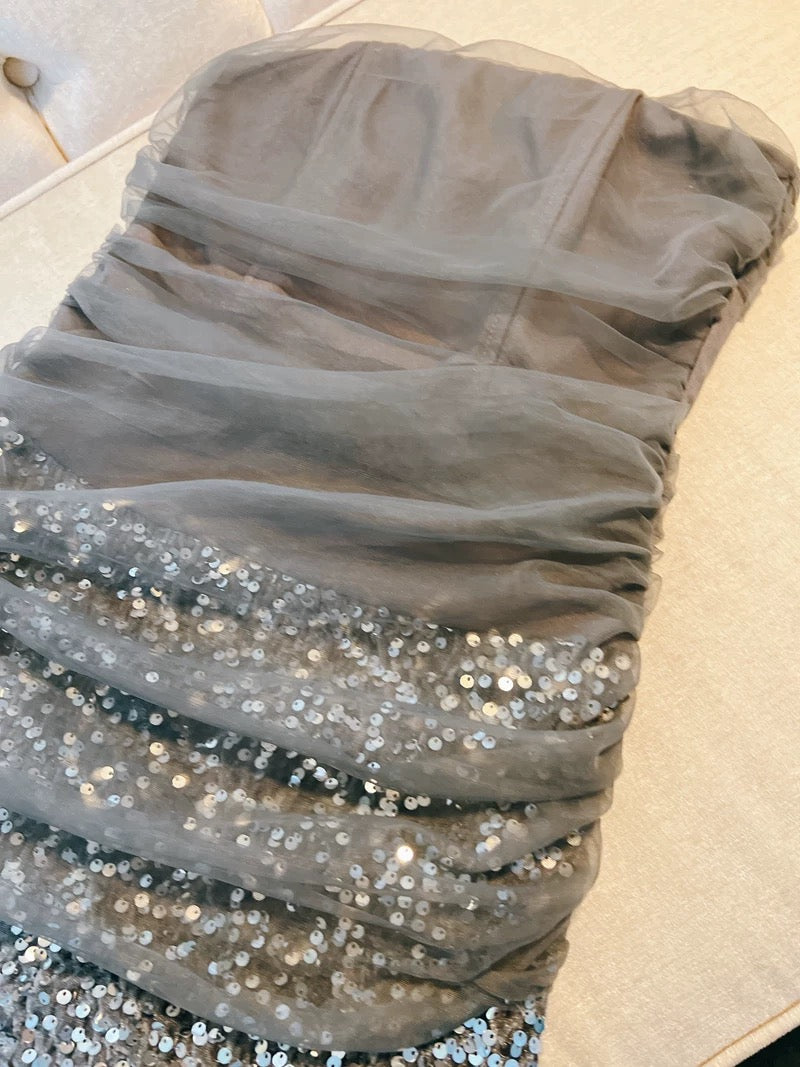 Modest Sheath Strapless Gray Sequin Short Homecoming Dresses Birthday Outfits C2215