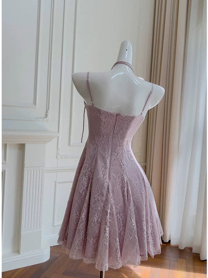 Modest A line Spaghetti Straps Lace Lilac Short Homecoming Dresses Birthday Outfits C2219