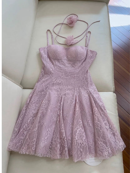 Modest A line Spaghetti Straps Lace Lilac Short Homecoming Dresses Birthday Outfits C2219