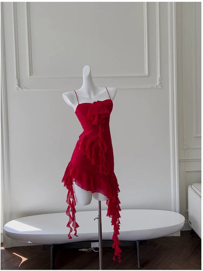 Modest Sheath Spaghetti Straps Red Chiffon Ruffled Short Homecoming Dresses Birthday Outfits C2223