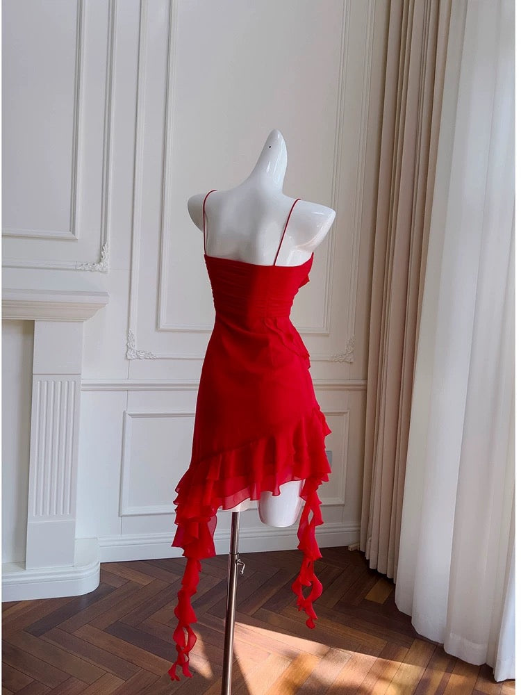 Modest Sheath Spaghetti Straps Red Chiffon Ruffled Short Homecoming Dresses Birthday Outfits C2223