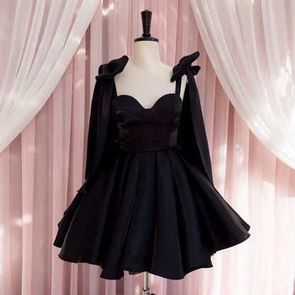 Modest A line Straps Black Short Homecoming Dresses Birthday Outfits With Bow C2225