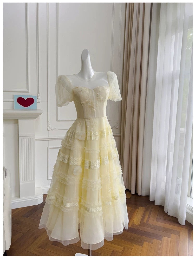 Modest A Line Scoop Neckline Yellow Lace Homecoming Dresses Birthday Outfits With Beads C2228