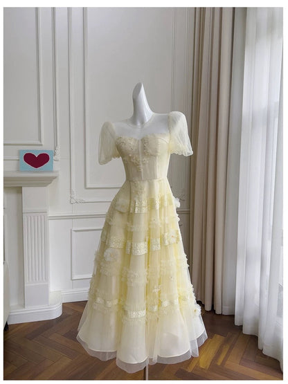 Modest A Line Scoop Neckline Yellow Lace Homecoming Dresses Birthday Outfits With Beads C2228