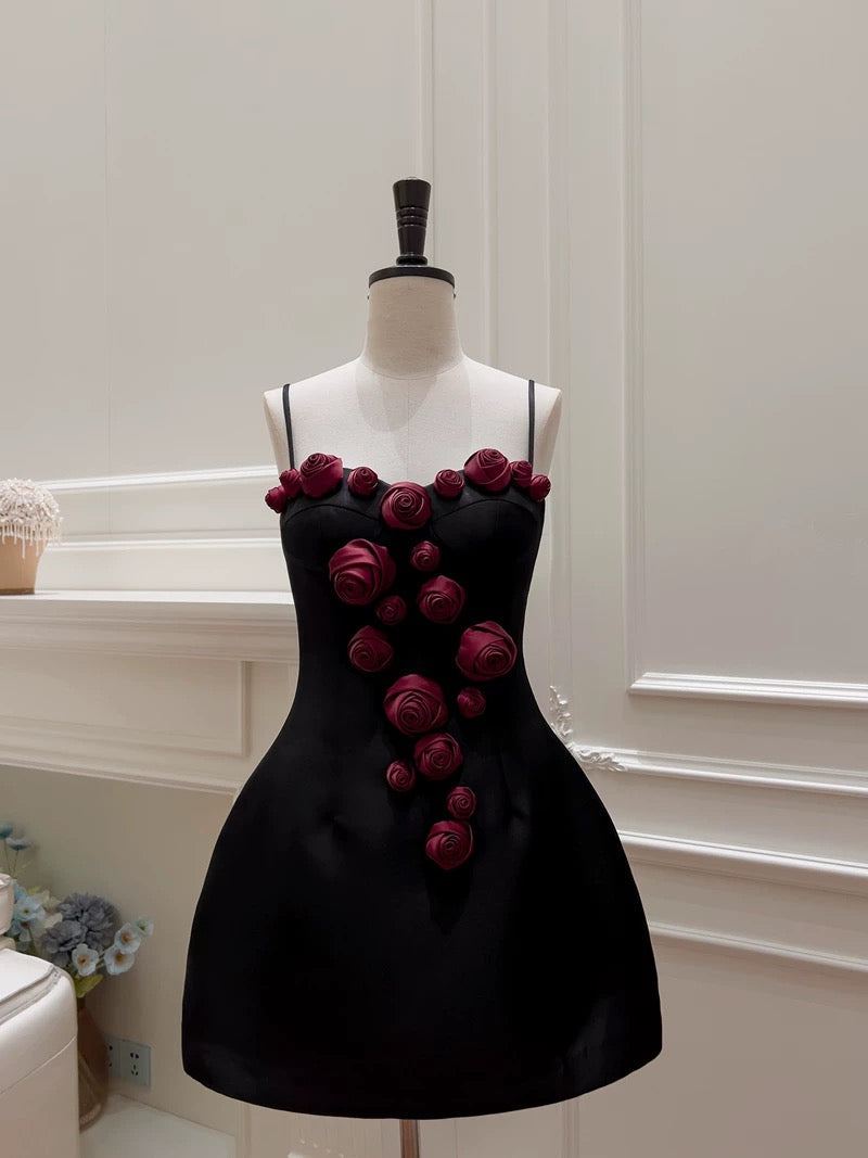 Cute A Line Straps Black Satin Homecoming Dresses Birthday Outfits With Flowers C2231