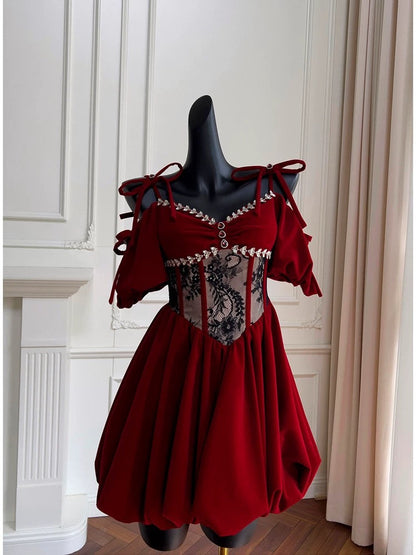 Cute A Line Spaghetti Straps Velvet Red Homecoming Dresses Birthday Outfits With Beads C2233