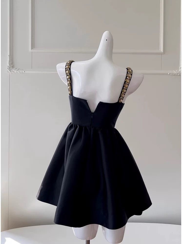 Cute A line Spaghetti Straps Black Satin Homecoming Dresses Birthday Outfits C2235