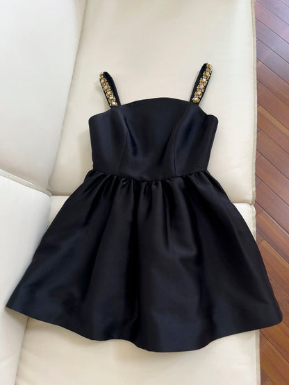 Cute A line Spaghetti Straps Black Satin Homecoming Dresses Birthday Outfits C2235