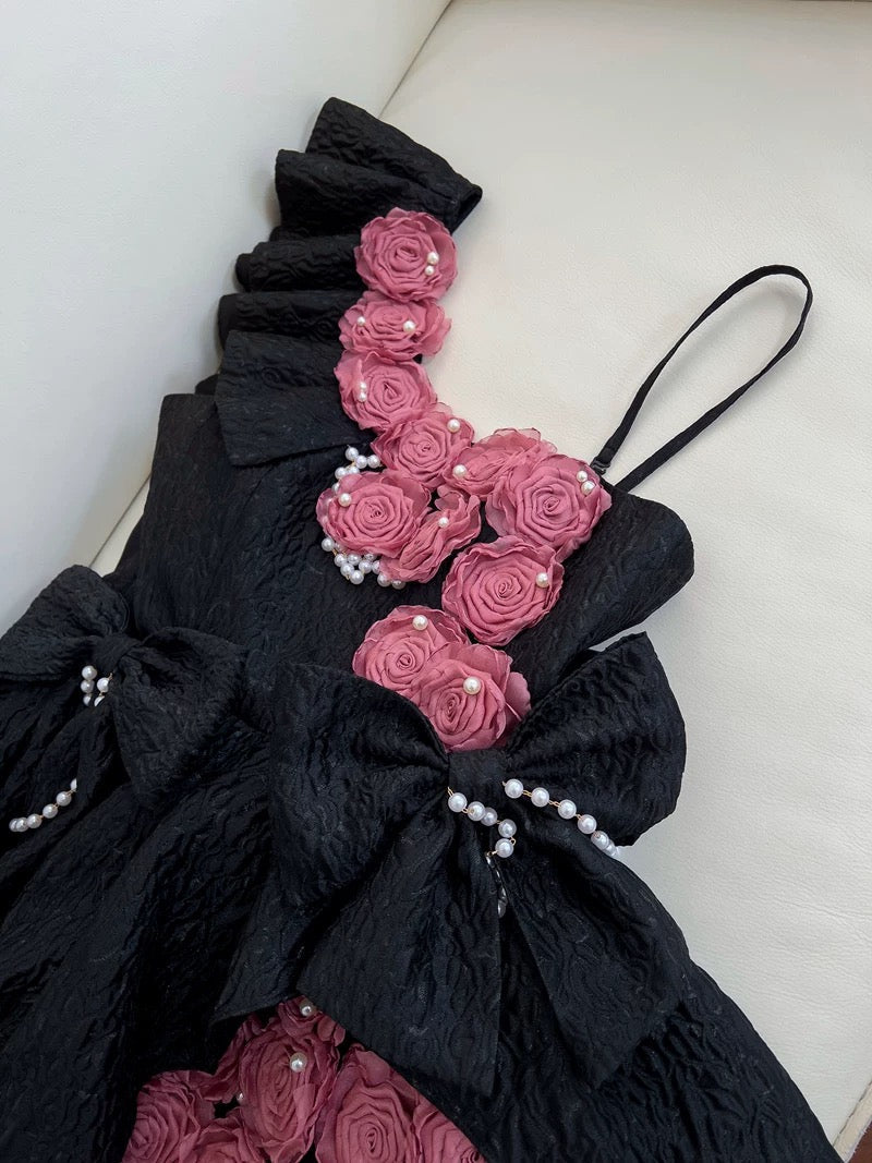 Pretty Ball Gown Straps Black Satin Flowers Homecoming Dresses Birthday Outfits With Bow C2236