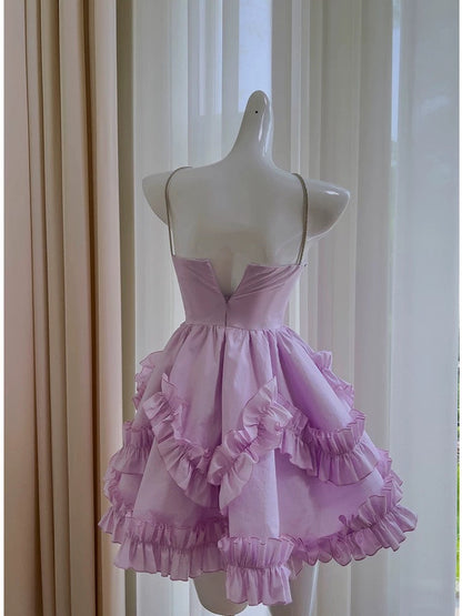 Sexy Ball Gown Halter Lilac Chiffon Short Homecoming Dresses Birthday Outfits C2249